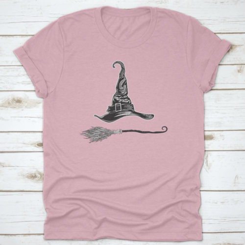 Witch Hat And Magic Broom. Halloween Stickers. Set Of Vector
